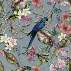 wallpaper vintage jungle pattern with parrot birds and sparrows and tropical forest plants on light blue backgrounds-