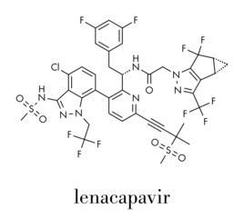 Lenacapavir antiviral drug molecule. Skeletal formula.