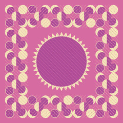 Vector ornament, pattern of lunar cycles: eclipse, full moon, waning moon, new moon with dotted diagonals. Pink, lilac, violet, yellow. For textiles, wrapping paper, tissue.