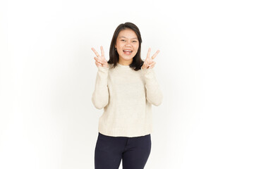 Obraz premium Showing Peace or Victory Sign of Beautiful Asian Woman Isolated On White Background