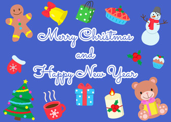 Fototapeta na wymiar Merry Christmas and Happy New Year greeting card with different design elements. Set of winter holidays prints and clip arts. Illustration for invitation, banner, poster, seasonal design and decor. 