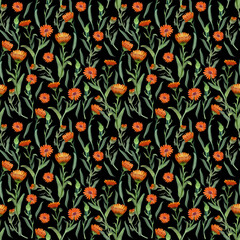 Seamless pattern on a dark background painted in watercolor. Suitable for textile design, scrapbooking, wallpaper and paper.