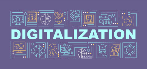 Digitalization word concepts banner. Public services technology. Infographics with linear icons on purple background. Isolated creative typography. Vector outline color illustration with text