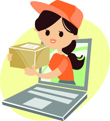 Flat vector color illustration, courier delivery online