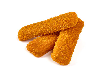 Deep fried fish fingers, isolated on white background.