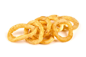 Fried squid or calamari rings, isolated on white background.