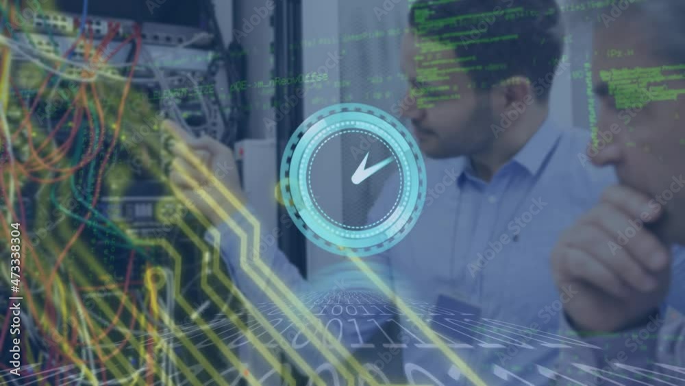 Poster animation of data processing and moving clock over biracial men in server room