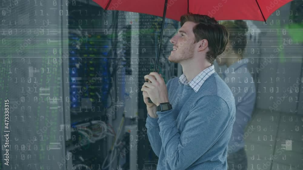 Poster animation of binary coding and caucasian businessman holding umbrella over server room
