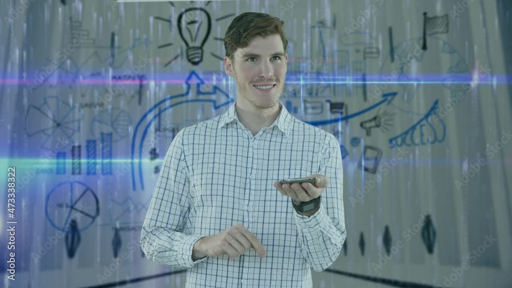 Poster animation of binary coding and caucasian businessman using smartphone over server room
