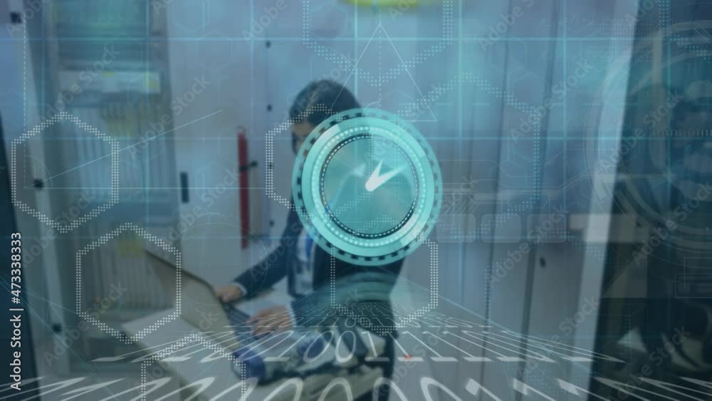Poster animation of moving clock and binary coding over caucasian woman in server room