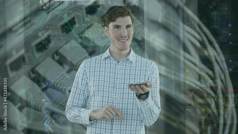 Poster animation of binary coding and caucasian businessman using smartphone over server room