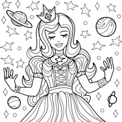 Coloring page for children and adults. Princess of space