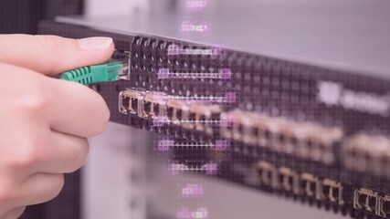 Animation of dna strand over hands of caucasian woman in server room - Powered by Adobe