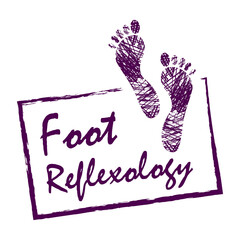 Reflexology concept. Silhouette of feet in violet on white background  in sketch style. Foot massage logo in violet for your web site design,  app, UI. Stock vector. EPS10.