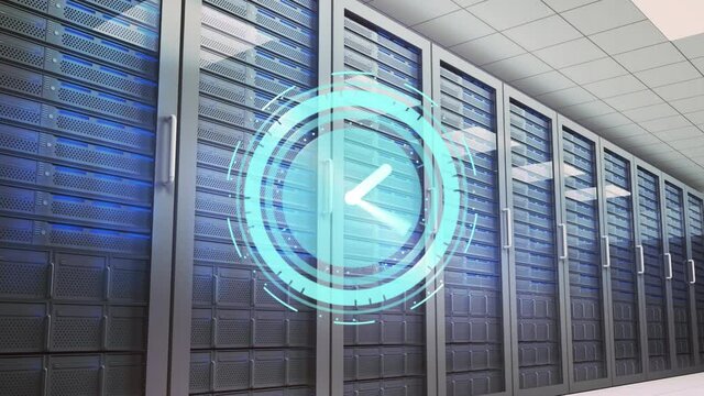 Animation of clock moving fast over computer servers in tech room