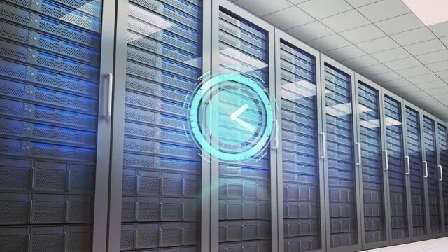 Animation of clock moving fast over computer servers in tech room