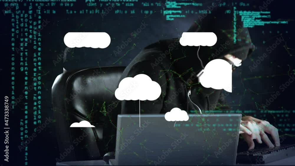 Poster animation of clouds with icons over hacker using laptop and data processing
