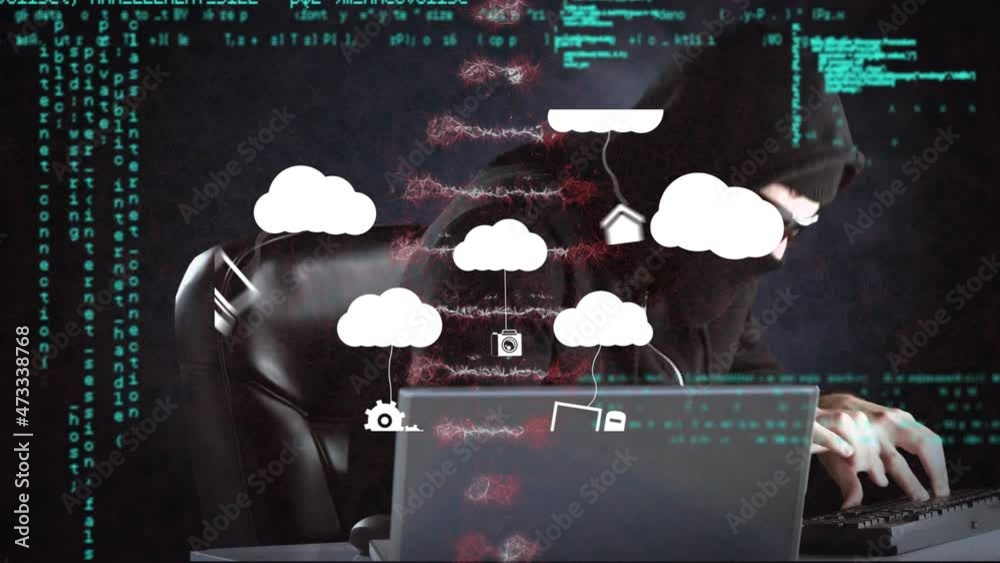 Poster animation of clouds with icons over dna strand, hacker using laptop and data processing