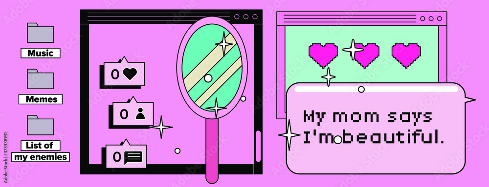 Aufkleber Retrowave user interface, retro operating system with message boxes and folders. Cute vaporwave vector illustration.
