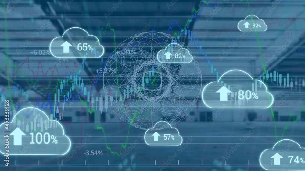 Poster animation of clouds with growing number and financial data processing over empty office