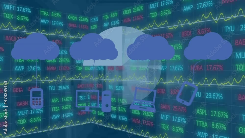 Poster animation of clouds with media icons and data processing on blue background