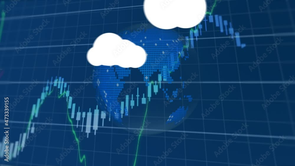 Poster animation of clouds with media icons and data processing with globe on blue background