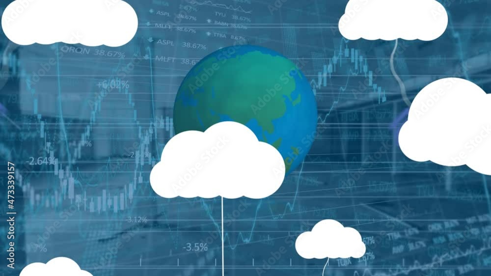 Poster animation of clouds with icons, globe and financial data processing over empty office