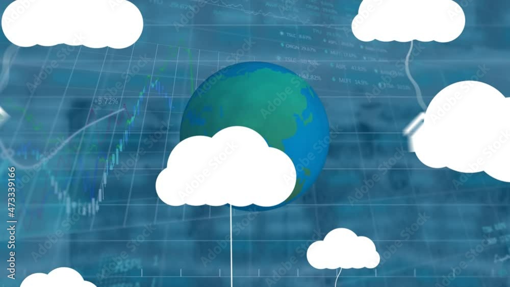 Poster animation of clouds with media icons and data processing with globe on blue background