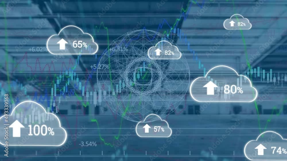 Poster animation of clouds with growing number and financial data processing over empty office