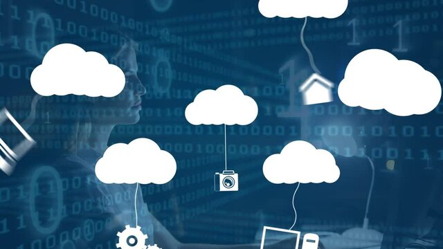 Animation of clouds with icons and binary coding over caucasian woman using computer