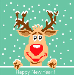 Deer with snow on the antlers, drawn in squares, pixels. The design is suitable for postcards, decor, Happy New Years, decoration, websites, printing on clothes, embroidery. Vector illustration
