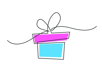 Continuous line drawing of colored gift box. Vector illustration