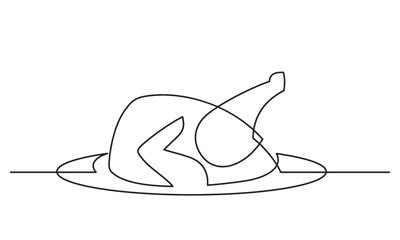 Continuous line drawing of grilled chicken on a platter. Vector illustration.