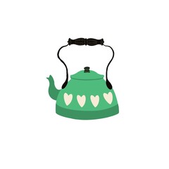 Green metal kettle with hearts. Retro teapot. Vintage. Kitchen utensil. On white background. Illustration. Isolated.