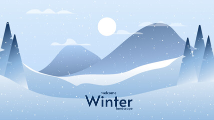 Vector illustration. Flat winter landscape. Pines on foreground. Snowy backgrounds. Snowdrifts. Snowfall. Blue sky with sun and clouds. Blizzard. Snowy weather.  
