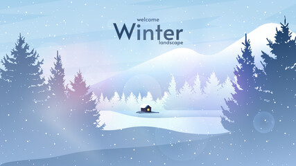 Fototapeta na wymiar Vector landscape background illustration with beautiful winter colors. Winter landscape with mountains, forest and house. Greeting background. 