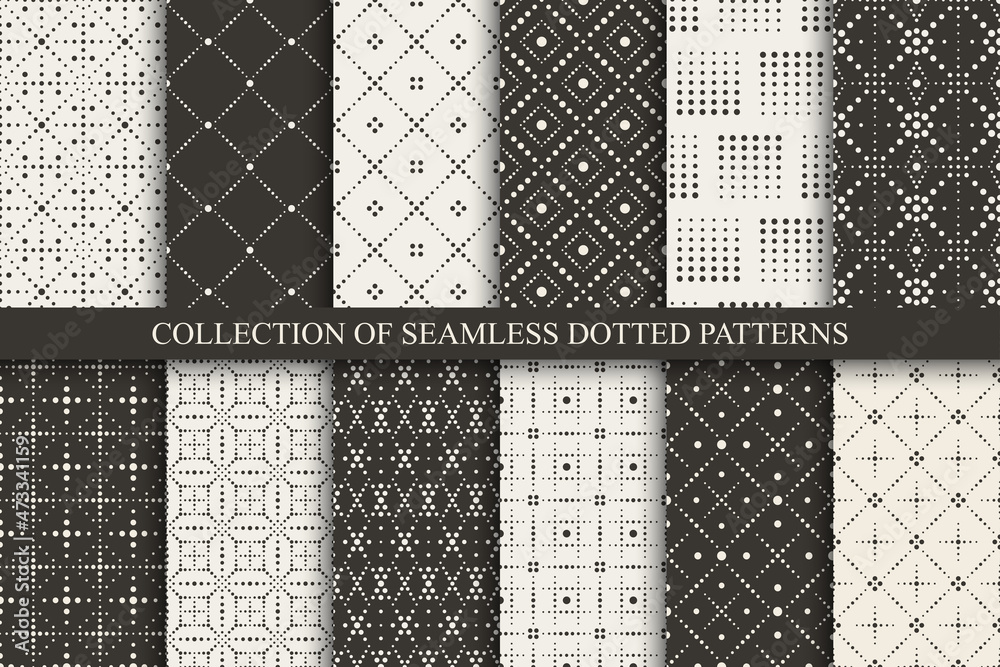 Poster collection of vector seamless dotted patterns - beige and brown colors. minimalistic stylish prints.