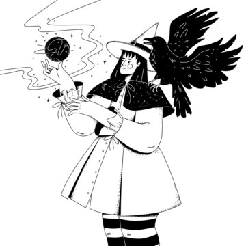 A young witch in a hat with a magic ball in her hands and a raven on her shoulder.