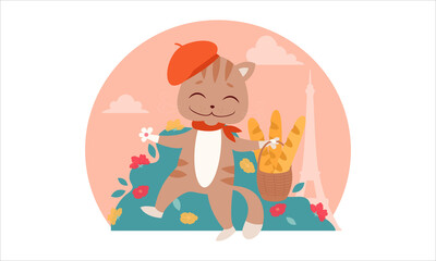 A cute cat in a beret holds a wicker basket with baguettes in its paws. Vector food illustration. French cuisine, pastries, Parisian cafe.