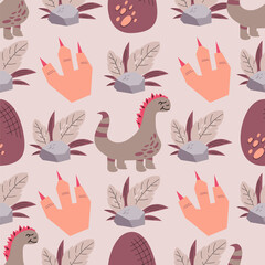 Childish seamless pattern in pink with dinosaur, stone, leaves and paw with claws.Vector illustration in flat style for baby textiles with cute dinosaur