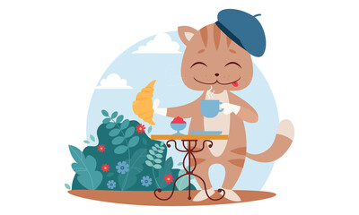 Obraz na płótnie Canvas A cute licking cat in a beret holds a croissant and a cup of coffee. Vector food illustration. French cuisine, pastries, Parisian cafe.