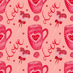Colorful watercolor pattern, with mug, lettering and candy on stick. Elements in a romantic style on a pink background.