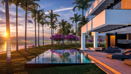 3d rendering of modern cozy house with pool and parking for sale or rent in luxurious style by the sea or ocean. Sunset evening by the azure coast with palm trees and flowers in tropical island