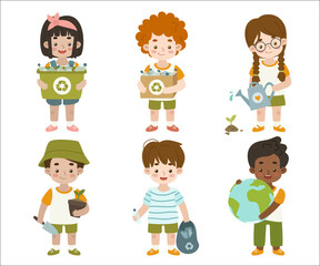 Set of children take care about planet earth. Ecology collection of volunteer smiling kids recycling and gardening.
