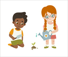 Children plant a tree. Friendly kids gardening. Girl with watering can and boy with scoop restore the forest.