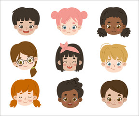 Set of children friendly faces. Collection of diverse kids heads. Bundle of portraits different boys and girls.
