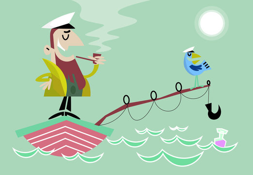 mid century modern flat character of a male old captain standing on the sailing boat with smoking pipe and seagull standing on the fishing rod. vector illustration
