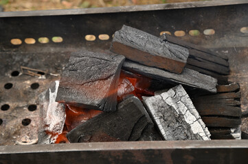 北海道の庭でバーベキューをする前の炭で火おこし