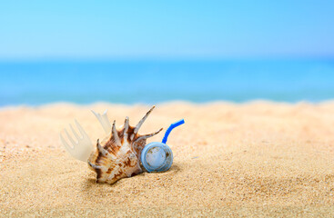 Fototapeta na wymiar Beautiful large seashell with plastic trash on the sandy beach. Nature pollution concept. Selective focus on the seashell.