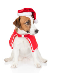 Jack russell terrier puppy wearing red christmas hat sit with gift box. isolated on white background